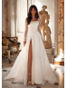 Long Sleeves Ivory Glitter Lace Organza Slit Wedding Dress